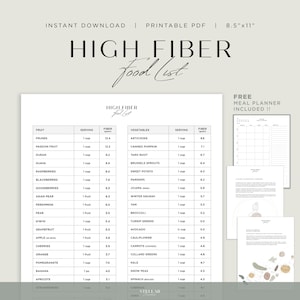 Könnte beinhalten: Eine druckbare High-Fiber-Lebensmittelliste mit einem schwarz-weißen Design. Die Liste enthält Obst und Gemüse mit ihrem Ballaststoffgehalt in Gramm pro Portion. Ein kostenloser Meal Planner ist enthalten.