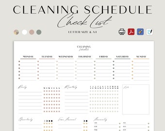 May include: Printable cleaning schedule checklist with sections for daily, weekly, monthly, quarterly, semi-annual, and annual tasks. The checklist includes a notes section and a calendar grid for tracking tasks.