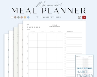 Weekly Meal Planner Printable, Grocery Lists, Habit Tracker (Digital Download)