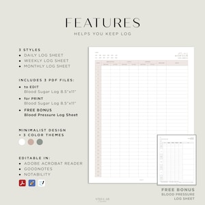 Feature for the blood Sugar log sheet.
- Daily, Weekly, Monthly Log Sheet 
- 3 Colors
- Minimalist Design
- BONUS Blood Pressure Log
- Instant Download