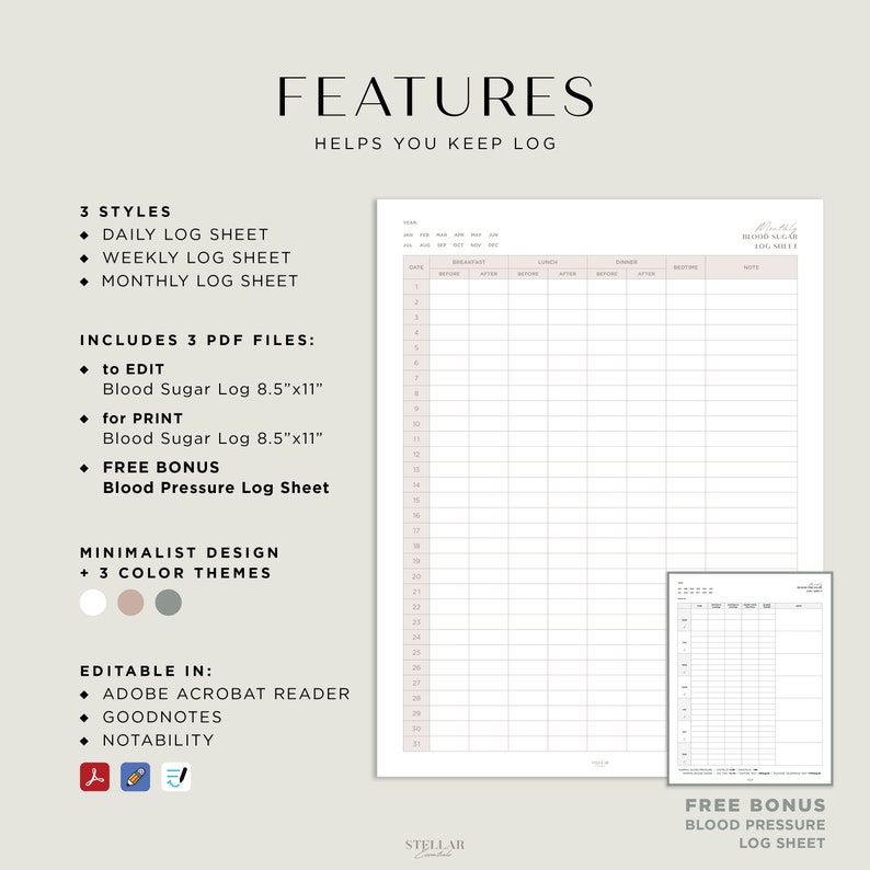 Feature for the blood Sugar log sheet.
- Daily, Weekly, Monthly Log Sheet 
- 3 Colors
- Minimalist Design
- BONUS Blood Pressure Log
- Instant Download