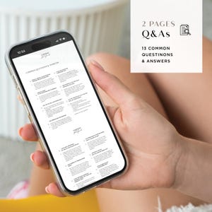 May include: A smartphone displaying a document titled "Common Questions & Answers". The document contains a list of questions and answers, likely related to a business or service. The document is divided into two pages and includes 13 common questions and answers.
