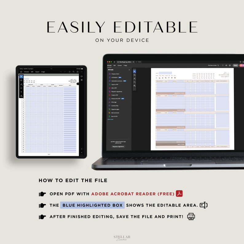 Easily Editable on your Device.
How to Edit the File:
1) Open PDF with Adobe Acrobat Reader (Free)
2) The Blue Highlighted Box shows the editable area.
3) After finished editing, save the file and print!