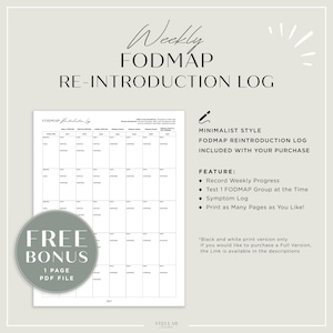 May include: A printable black and white FODMAP Reintroduction Log with a minimalist design. The log includes a weekly progress tracker, a section to record the FODMAP group tested, a symptom log, and a note that the log can be printed as many times as needed. The text "FREE BONUS 1 PAGE PDF FILE" is in a circle at the bottom left of the page.