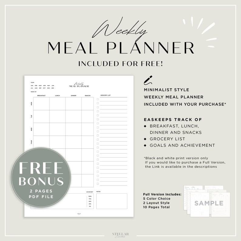 BONUS Weekly Meal Planner is included with your purchase.
Black & White versions only, full product Link is available in the descriptions.
