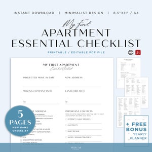 Apartment Essential Checklist, Moving Planner (Printable PDF)