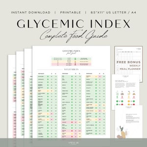 Glykämischer Index, Lebensmittelliste für Diabetiker, Tabelle für glykämische Belastung, GI-Lebensmittelliste, druckbarer glykämischer Diagrammführer, Mahlzeitenplan-gesunde Lebensmittelliste