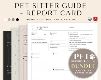 May include: Printable pet sitter guide and report card bundle. The guide includes sections for pet information, owner information, daily routine, and quick reference. The report card includes sections for daily activities, vet information, personality, and things the pet loves. The bundle includes 4 PDF files, 8 pages each.