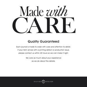 May include: White background with the words "Made with CARE" in a stylish font. Below, the text "Quality Guaranteed" is displayed, followed by a description of the product's quality and customer service. The logo for SILVER 6 ATELIER is at the bottom.