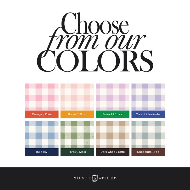 May include: Image features a color chart with eight gingham patterns in various colors, including pink, peach, lavender, and blue. Each swatch is labeled with a color name, such as "Orange / Rose" and "Cobalt / Lavender". The text "Choose from our COLORS" is at the top.