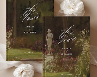 May include: Two hardcover books with dark green garden landscape covers. One book is titled His Vows and the other Her Vows, both personalized with the names Amelia and Benjamin and the date 09-28-2027 in white script and serif lettering.