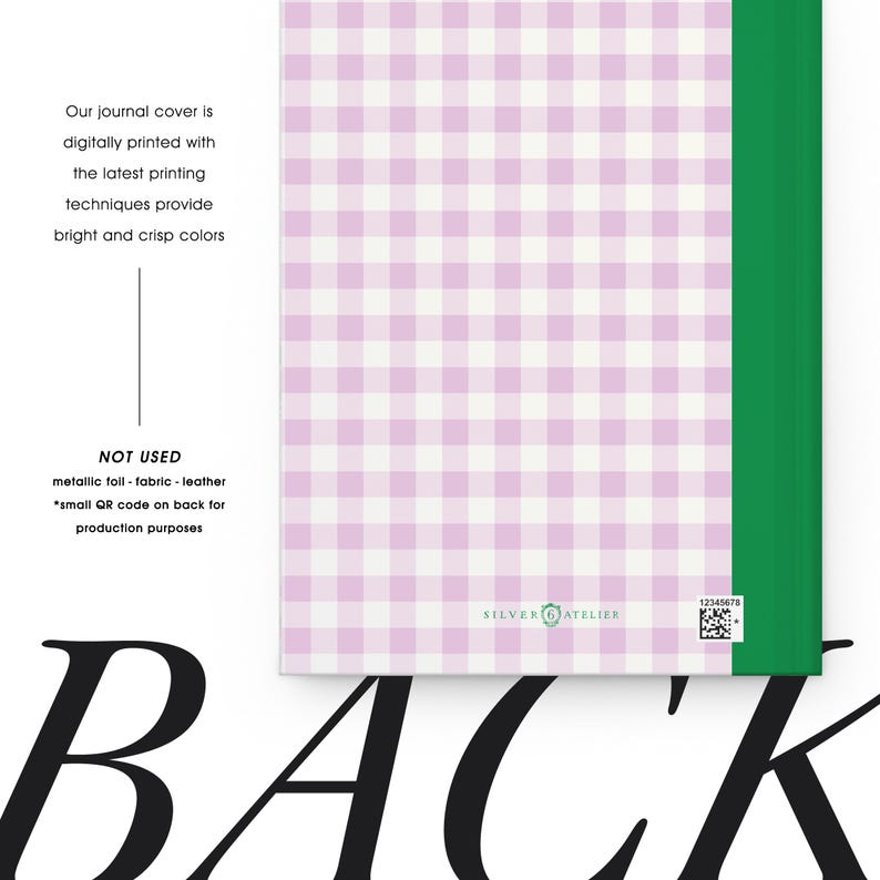 May include: A journal with a pink and white gingham pattern cover. The spine is green. The text on the cover says, "Our journal cover is digitally printed with the latest printing techniques provide bright and crisp colors."