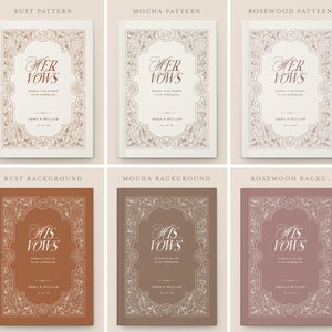 May include: A collection of wedding vow books in various colors and patterns. The books feature the text "Her Vows" and "His Vows" in elegant script, with decorative borders and the names "Emma & William" and a date. The color schemes include rust, mocha, and rosewood.