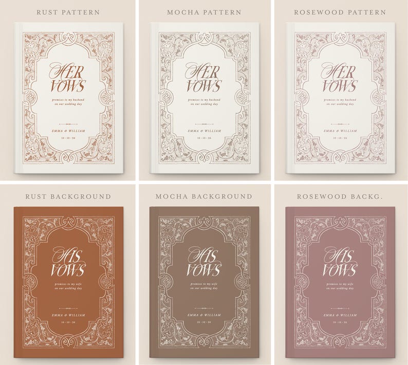 May include: A collection of wedding vow books in various colors and patterns. The books feature the text "Her Vows" and "His Vows" in elegant script, with decorative borders and the names "Emma & William" and a date. The color schemes include rust, mocha, and rosewood.