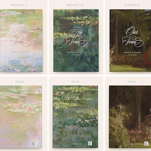 May include: Three sets of rectangular vow books featuring impressionist-style floral and garden paintings on the covers. The front covers display elegant cursive text reading Her Vows, His Vows, or Our Vows, with names and dates printed below each title.