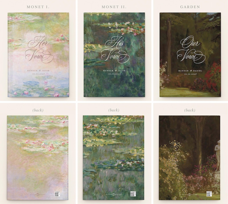 May include: Three sets of rectangular vow books featuring impressionist-style floral and garden paintings on the covers. The front covers display elegant cursive text reading Her Vows, His Vows, or Our Vows, with names and dates printed below each title.