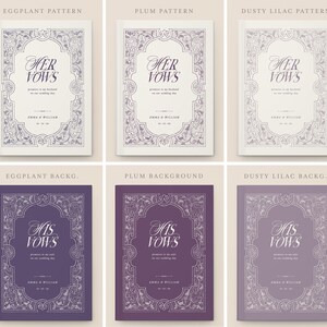 May include: A collection of wedding vow books in various colors. The top row features books with light backgrounds and ornate frames, labeled "Her Vows." The bottom row shows books with darker backgrounds, labeled "His Vows."