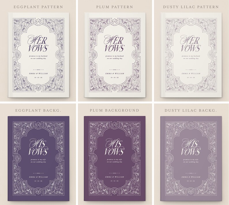 May include: A collection of wedding vow books in various colors. The top row features books with light backgrounds and ornate frames, labeled "Her Vows." The bottom row shows books with darker backgrounds, labeled "His Vows."