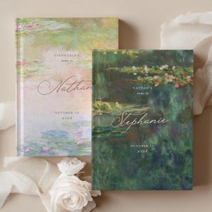 May include: Two hardcover books featuring impressionist water lily paintings. The left book displays the text "Stephanie's vows to Nathan October 10 2026" in a script font. The right book displays "Nathan's vows to Stephanie October 10 2026".