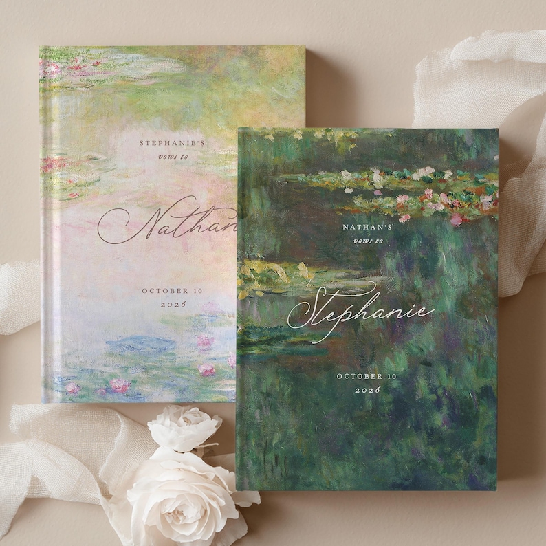 May include: Two hardcover books featuring impressionist water lily paintings. The left book displays the text "Stephanie's vows to Nathan October 10 2026" in a script font. The right book displays "Nathan's vows to Stephanie October 10 2026".