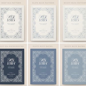 May include: A collection of wedding vow books in various shades of blue and white. Each book features ornate floral border designs and the words "Her Vows" or "His Vows" in elegant script. The books are labeled with the names "Emma & William" and a date.