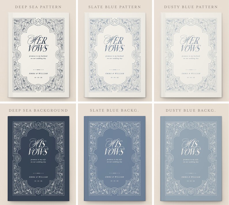 May include: A collection of wedding vow books in various shades of blue and white. Each book features ornate floral border designs and the words "Her Vows" or "His Vows" in elegant script. The books are labeled with the names "Emma & William" and a date.