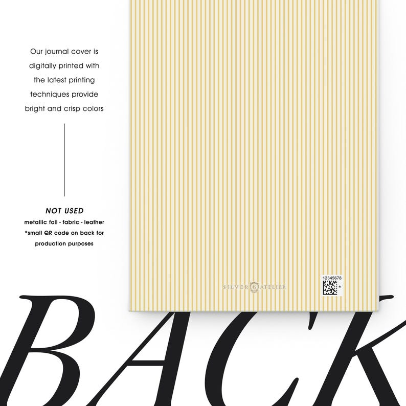 K&ouml;nnte beinhalten: Ein Notizbuchumschlag mit vertikalem Streifenmuster in Hellbeige und Gold. Der Umschlag enth&auml;lt den Text "Our journal cover is digitally printed with the latest printing techniques provide bright and crisp colors."