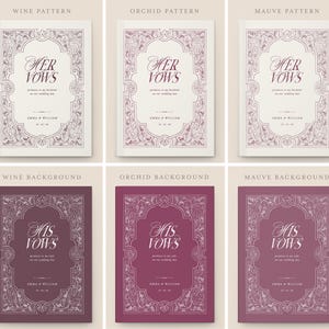 May include: A collection of wedding vow books in various colors and patterns. The books feature ornate floral borders and the words "Her Vows" and "His Vows" in elegant script. The names "Emma & William" are also displayed.