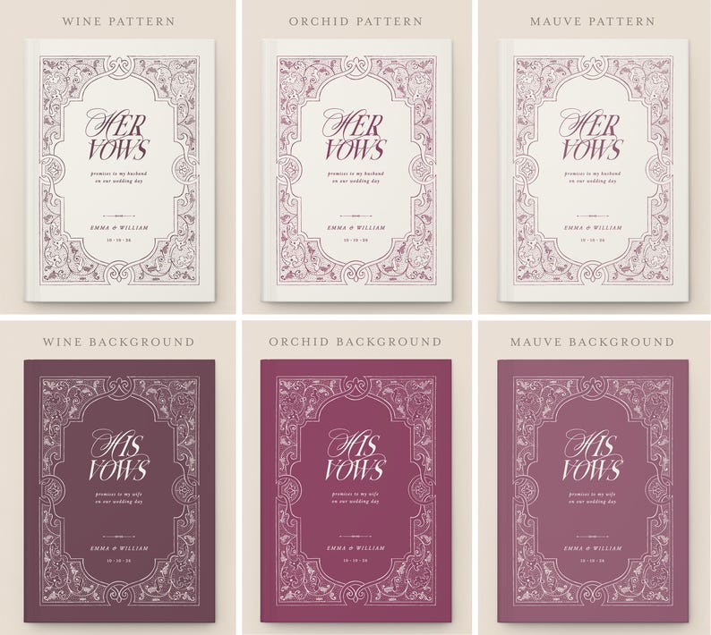 May include: A collection of wedding vow books in various colors and patterns. The books feature ornate floral borders and the words "Her Vows" and "His Vows" in elegant script. The names "Emma & William" are also displayed.