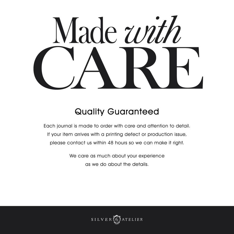 K&ouml;nnte beinhalten: Wei&szlig;er Hintergrund mit den Worten "Made with CARE" in einer stilvollen Schriftart. Darunter wird der Text "Quality Guaranteed" angezeigt, gefolgt von einer Beschreibung der Produktqualit&auml;t und des Kundenservices. Das Logo von SILVER 6 ATELIER befindet sich unten.
