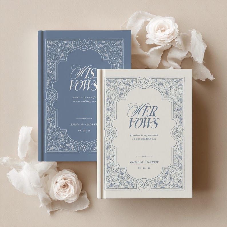 May include: Two wedding vow books, one blue and one cream, with floral designs and the words "His Vows" and "Her Vows." The books include the names "Emma & Andrew" and the wedding date "09-16-16."