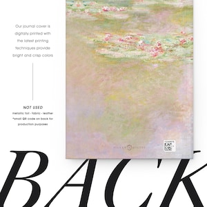 May include: A rectangular journal cover featuring an impressionist-style painting of water lilies in shades of soft pink, green, and yellow. The bottom right corner displays the text SILVER ATELIER, a small QR code, and the number 12345678.