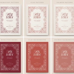 May include: A collection of wedding vow books in various colors and patterns. The books feature ornate frames and the text "Her Vows" or "His Vows". Colors include burgundy, clay, and salmon, with matching or contrasting backgrounds.