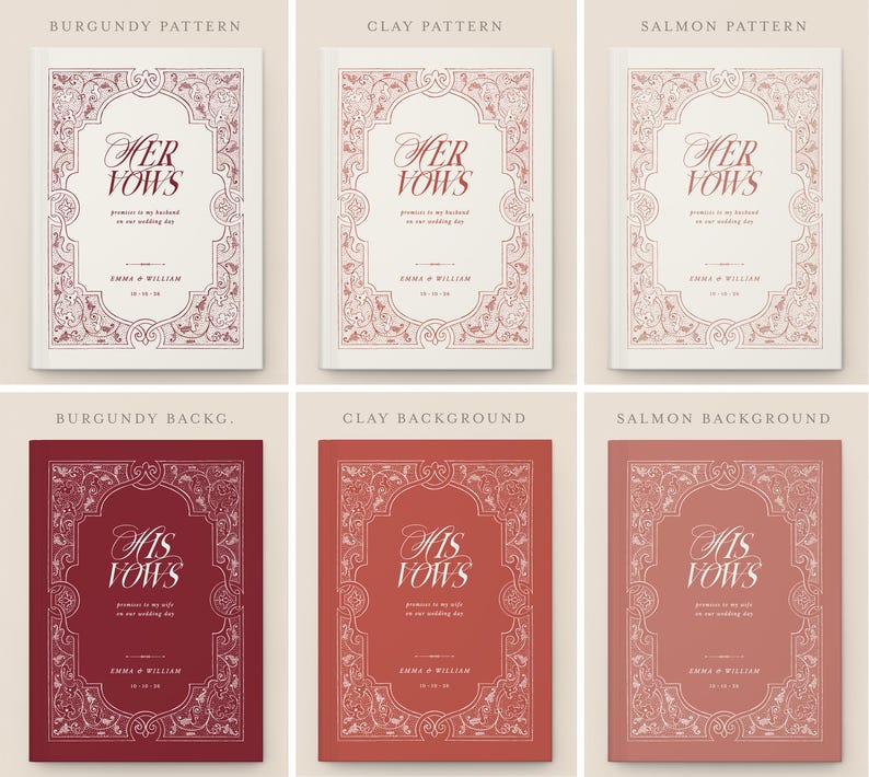 May include: A collection of wedding vow books in various colors and patterns. The books feature ornate frames and the text "Her Vows" or "His Vows". Colors include burgundy, clay, and salmon, with matching or contrasting backgrounds.