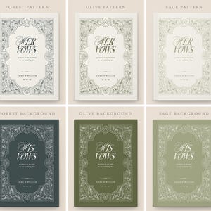 May include: A collection of wedding vow books with ornate floral borders. The books are in various colors, including forest green, olive, and sage. The text on the covers reads "Her Vows" and "His Vows".