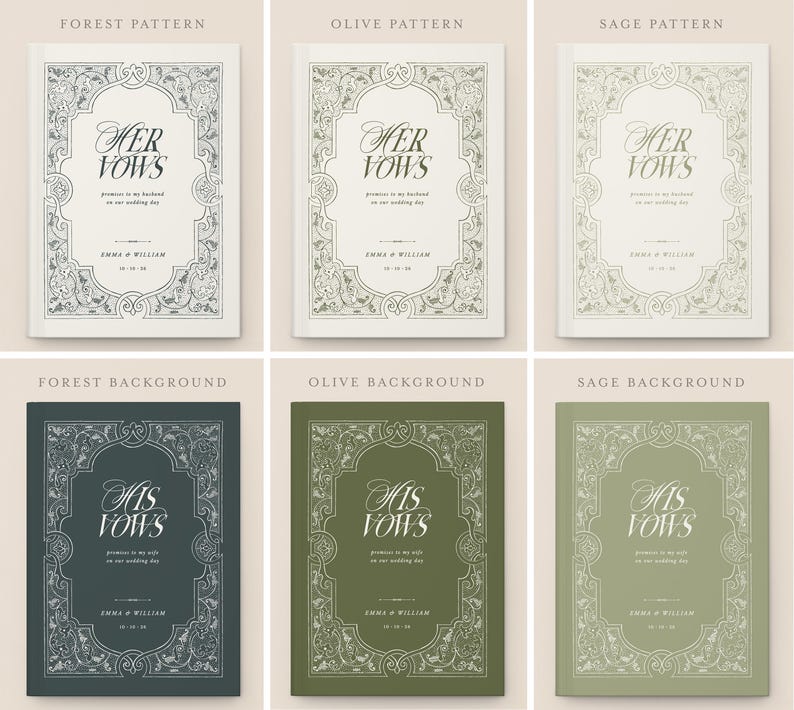 May include: A collection of wedding vow books with ornate floral borders. The books are in various colors, including forest green, olive, and sage. The text on the covers reads "Her Vows" and "His Vows".