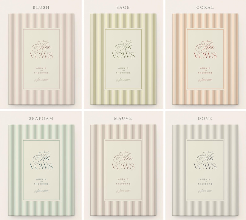 K&ouml;nnte beinhalten: Sechs Hochzeitsgel&uuml;bde-B&uuml;cher in Pastellt&ouml;nen: Blush, Salbei, Koralle, Meerschaum, Mauve und Taube. Jedes Buch hat vertikale Streifen und ein zentrales Feld mit den Worten "Her Vows" und "His Vows" sowie die Namen Amelia und Theodore.