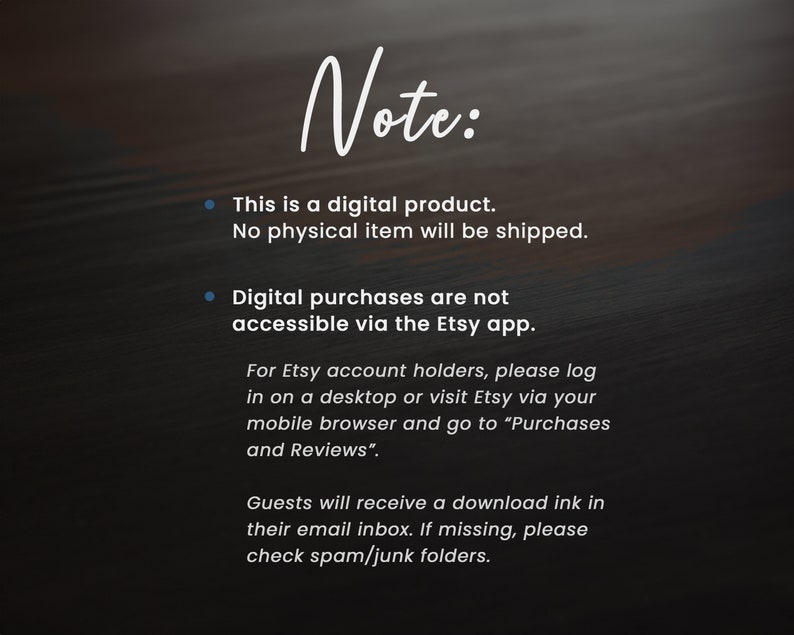 May include: Note: This is a digital product. No physical item will be shipped. Digital purchases are not accessible via the Etsy app. For Etsy account holders, please log in on a desktop or visit Etsy via your mobile browser and go to "Purchases and Reviews". Guests will receive a download link in their email inbox. If missing, please check spam/junk folders.