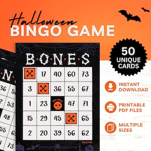 May include: Halloween Bingo Game cards with a black and orange theme. The cards feature the word "BONES" at the top, with numbers and Halloween-themed images. The image also includes text that says "50 Unique Cards", "Instant Download", "Printable PDF Files", and "Multiple Sizes".