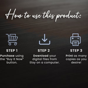 May include: A graphic showing three steps to download and print a digital product. Step 1: Purchase using the "Buy It Now" button. Step 2: Download your digital files from Etsy on a computer. Step 3: Print as many copies as you desire!