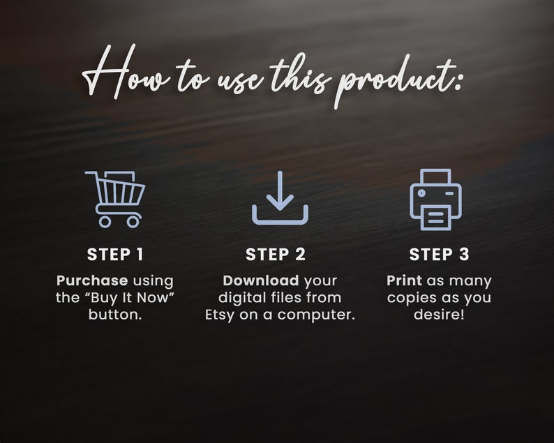 May include: A graphic showing three steps to download and print a digital product. Step 1: Purchase using the "Buy It Now" button. Step 2: Download your digital files from Etsy on a computer. Step 3: Print as many copies as you desire!
