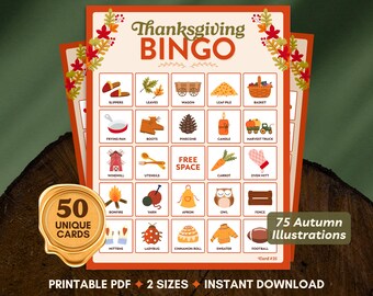 Thanksgiving Bingo Game | 50 Printable Cards, Fall Illustrations (PDF)