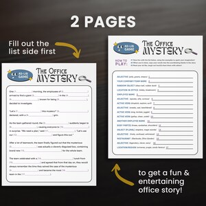 May include: A printable game called "The Office Mystery" with a blue and white color scheme. The game is an ad-lib game where players fill in the blanks to create a story. The game is designed to be played in an office setting.