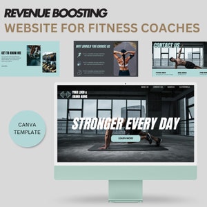 Peut inclure: Une maquette d'écran d'ordinateur montrant un site Web pour les coachs de fitness. Le site Web a un fond noir avec du texte blanc et une photo d'une personne faisant un exercice de pompes. Le texte à l'écran dit "Stronger Every Day" et "Learn More".