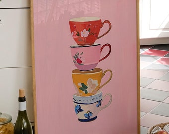 Vintage Teacup Art Print: Colorful Kitchen Decor (Digital Download)