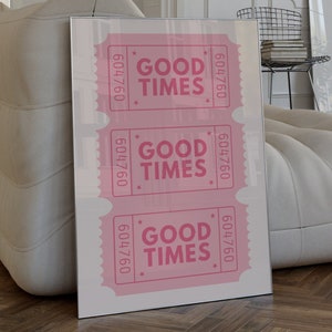 Good Times Ticket Rosa Poster, Funky 70er Jahre Wandkunst, Girly Wohnheim Dekor, trendige Retro Kunst, Preppy Zimmer Dekor, digitaler Download