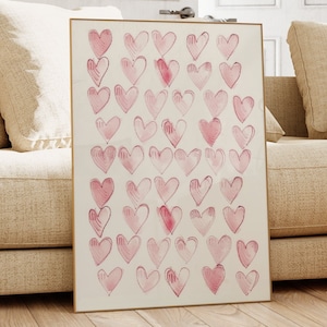 Cute Hearts Sketch Print, Coquette Art, Pink Wall Decor, Trendy Dorm Room Art, Preppy Girl Poster, Minimalist Style, Digital Download