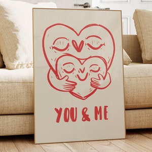 You & Me Heart Poster, Preppy Wall Art, Coquette Style Decor, Pink and Red Heart Print, Trendy Room Poster, Cute Artwork, Digital Download