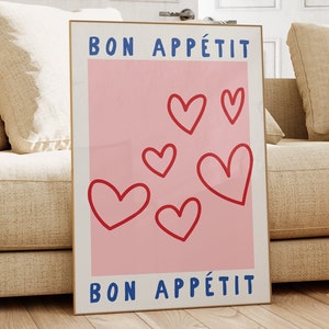 Bon Appétit Pink Hearts Print, Coquette Art, Trendy Dorm Room Decor, Preppy Girl Poster, Cute Wall Art, Aesthetic Decor, Digital Download