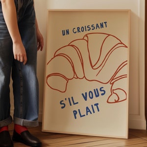 Hand-Drawn Croissant Poster, French Kitchen Art, Trendy Foodie Wall Decor, Quirky Dining Room Print, Retro Kitchen Poster, Digital Download